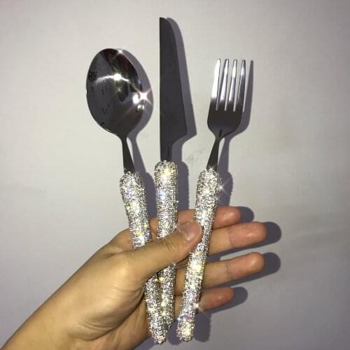 Sparkling Diamond Cutlery Set 3 Piece Knife Fork and Spoon Set 304 Stainless Steel Eco Friendly Travel Flatware Dinnerware Set