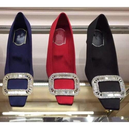 2021 New European Square Head High Heels Rhinestone Buckle With Red Wedding Shoes Thick With Womens Shoes Satin Pumps