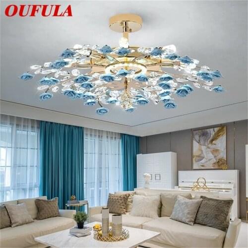 OUFULA Creative Chandeliers Light Crystal Pendant Lamp Blue Flower Branch Home LED Fixture for Living Dining Room