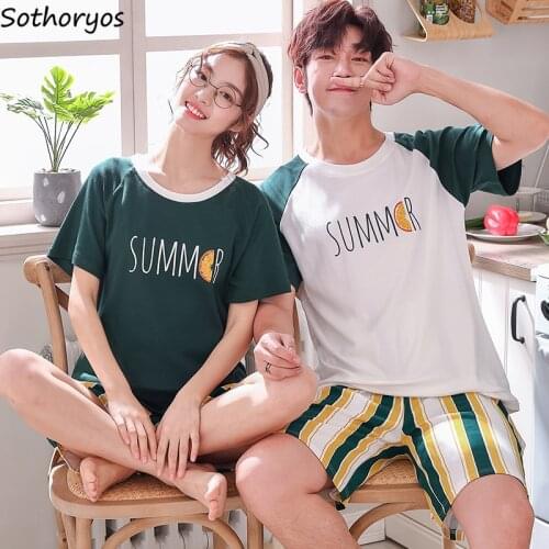 Pajama Sets Couples Summer Breathable Cartoon Printed O-neck Shorts Daily Homewear Sweet Large Size 3XL Simple Leisure Ulzzang
