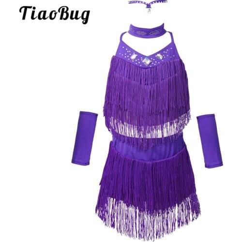 Kids Child Girls Latin Dance Dress Stretchy Fringe Latin Dance Outfits Salsa Costume Ballroom Tango Dresses with Headband Cuffs