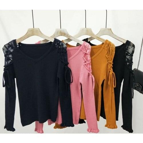 New Japanese Bandage Chic Fall Pullovers Woman O-neck Fungus Elegant Slim Sweater Lace Hook Flower Autumn Knitted Jumpers