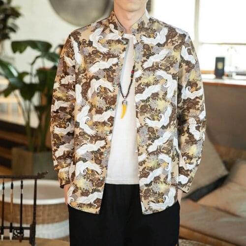 Chinese Style Mens Shirts Tang Suit Casual Stand Collar Crane Printed Elegant Kung Fu Shirt Men Vintage Streetwear Tops KK3413