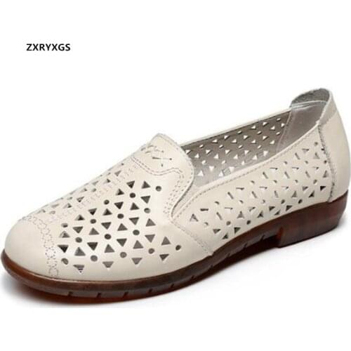 2021 New Spring Summer Flats Breathable Hole Shoes Casual Sandals Comfortable Elegance Genuine Leather Shoes Black Beige White
