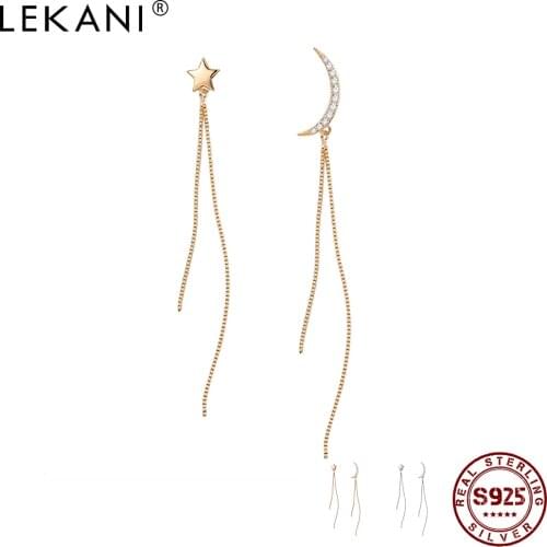 LEKANI 925 Sterling Silver Earrings For Women Long Tassel Star Moon Asymmetry Drop Earring Romantic Anniversary Jewelry Gift