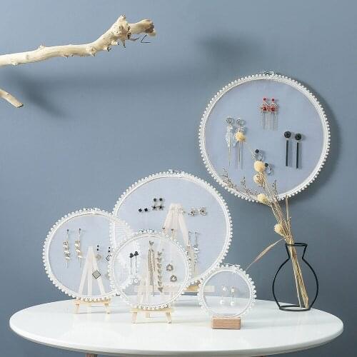 Nordic Style Pearl Lace Girl Yarn Disc Bamboo Embroidery Stretch Jewelry Display Frame Wall Hanging Ornament Storage Rack