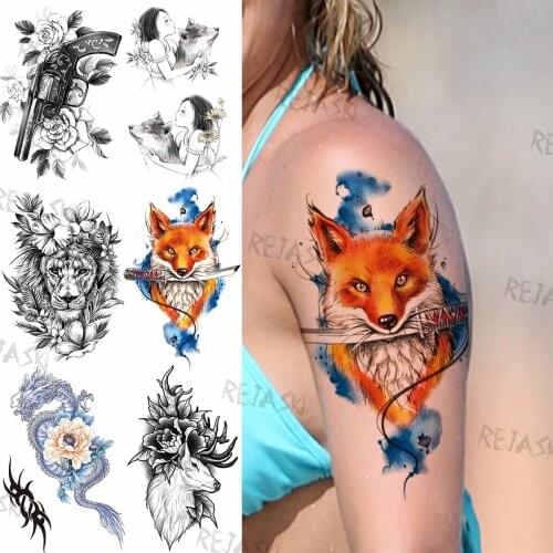Watercolor Fox Sword Temporary Tattoos For Women Adult Gun Wolf Lion Dragon Deer Fake Tattoo Sticker Realistic Body Art Tatoos