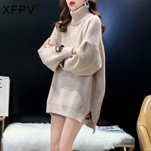XFPV 2021 New Autumn Winter Outfits Wear Loose Solid Color Loose Pullover Sweater Women Blue Knitted Bottoming Top SM330
