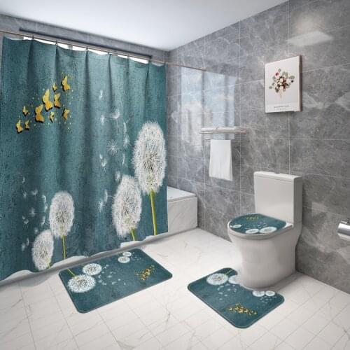 Dandelion Flower Bathroom Curtain Set Beautiful Butterfly Shower Curtains Anti Slip Pedestal Rug Lid Toilet Cover Bath Mat Sets