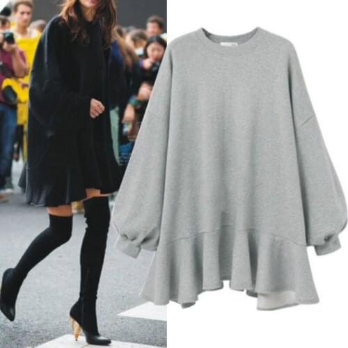Plus Size Womens Autumn and Winter Sweatershirts O-Neck Lantern Sleeve Black Gray Solid Color Coat