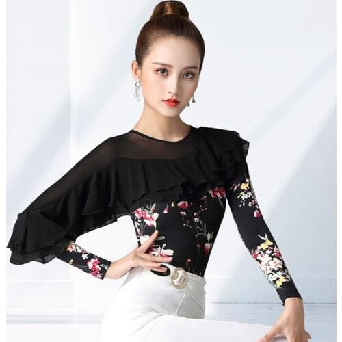 2020 Women Latin Dance Costumes Long Sleeve Ruffled Tops Ballroom Chacha Rumba Latin Dance Practice Clothes Dabce Wear DQS5576