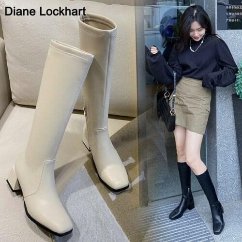 Shoes Fashion Designe Boots Women Low Heeled Knee high boots Square Toe Zipper Ladies Boots Rubber High Heel Autumn Beige Black