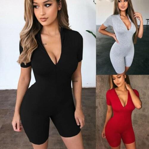 Women Summer Short Sleeve Bodycon Bodysuit Ladies Stretch V-Neck Leotard Jumpsuit Rompers