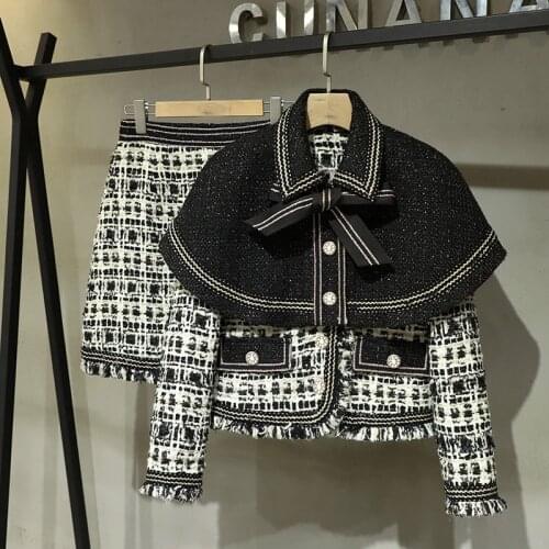 2010 Luxury Fashion Suits Women Patchwork Tweed Coat Jacket + A-Line Casual Skirt 2 Piece Sets For OL