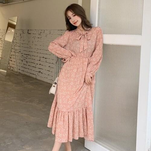 Vestidos Women Dress Autumn Long Sleeve High Waist Chiffon Dress A-line Long Dress Women Elastic Print Vintage Lady Dresses 8635