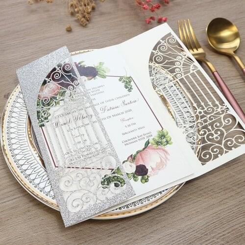 50 pieces/lot) Laser Cut Wedding Gate Design Invitation Card Customize Print Silver Glittery Party Invitation Cards IC140