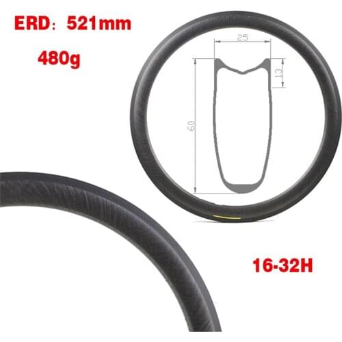 700C Carbon Road Rim ERD 521MM Depth 60MM Width 25mm 16-32 Holes for Disc / V Brake Road Bike Bicycle Rim Tubular Wheelset Part