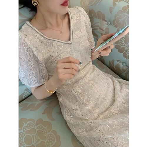 Hot Sale Sequins Lace Zipper Short Sleeve V-neck A-line Beige Slim Sweet Fashion Dresses Ropa Mujer Sukienki Plus Size