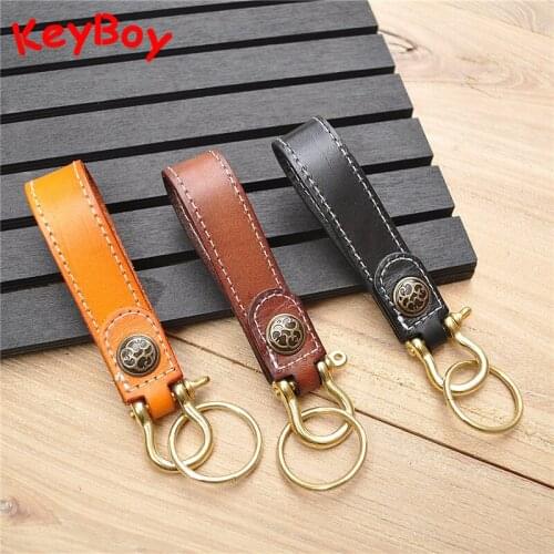 Handmade Vegetable Tanned Cow Leather Brass Horseshoe Buckle Key Chain Rings Retro Fashion Copper Car Keychains Luxury Keyrings