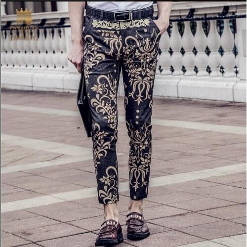 28-38 Summer Mens Ankle Length Trousers Personality Vintage Embroidered Pants Slim Print Elastic Casual Pants Singer Costumes