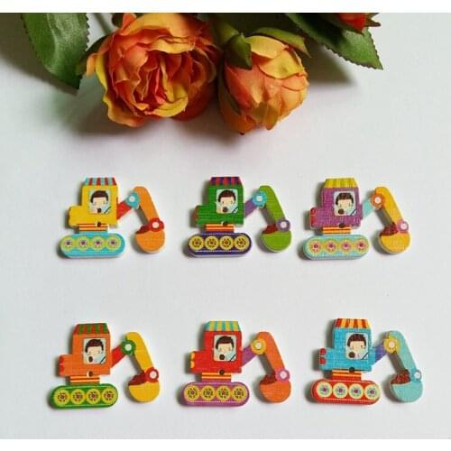 Wholesale 80 Pcs Excavator Pattern 2 Holes Random Mixed Color Wood Sewing Buttons Scrapbooking 25x32mm For DIY Decor