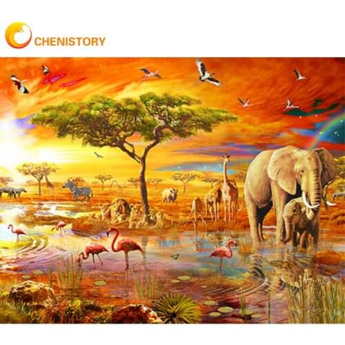 CHENISTORY DIY Oil Painting By Numbers Kits Africa Elephant Animal Picture By Number Handmade Framed On Canvas Home Wall Art