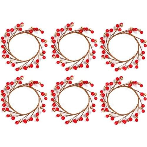 New 6Pcs Candle Rings for Pillars,Red and Gold, Small Wreaths for Christmas,Rustic Wedding Centerpiece or Table Decoration