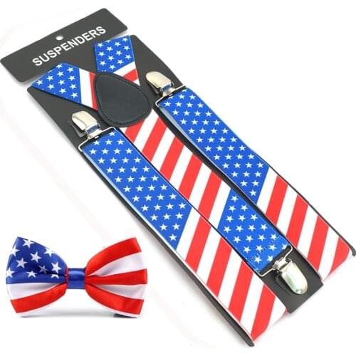 USA American Flag Suspender Men Bow Tie Set 3.5cm Wide Braces Bow Tie Wedding Suspender Pants Holder Gallus Gift For Trousers