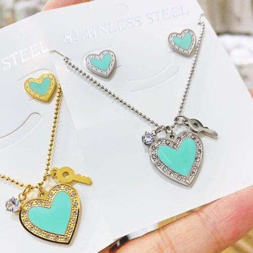 Stainless steel set classic fashion exclusive blue enamel heart shaped ladies necklace earrings jewelry holiday gift