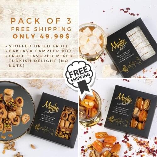 Mughe Gourmet Gift Basket Super Pack of Three Baklava Turkish Delight Dried Fruits