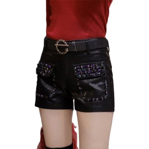 Plus size Women Beaded Sequins High Waist Leather Pants 2021 Spring New PU Leather Shorts All-match Outside Wear Boots Pants 4XL