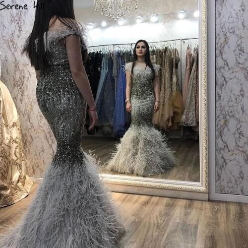 Serene Hill Dubai Grey Sexy Mermaid Evening Dress Design Luxury Crystal Feathers Sleeveless Formal Party Gown 2020 CLA70242