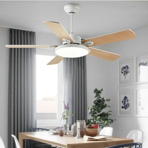 Modern minimalist white iron paint wood fan pendant lamp restaurant bedroom LED remote control adjustment decor warm lighting