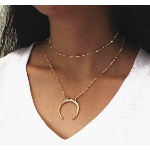 Vintage Double Layer Copper Beads Moon Pendant Necklace New Fashion Jewelry Multilayer Choker Necklaces Gift for Women Girl