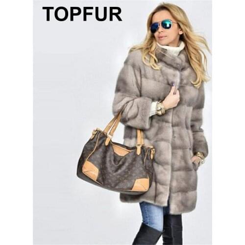 TOPFUR Winter Real Mink Fur Coat Women Natural Real Mink Fur Medium Coats Thick Warm Full Sleeves Coat Mandarin Collar Grey