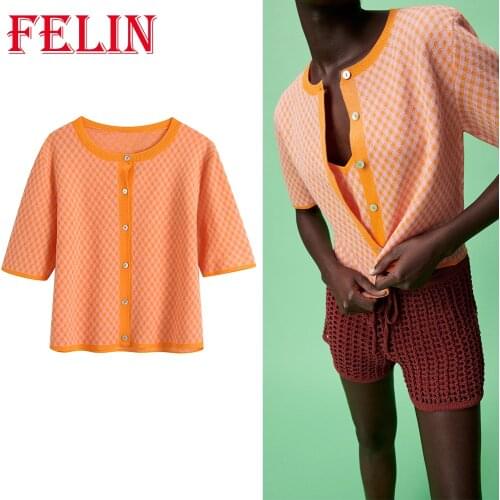 Za Women Orange Cardigan Shirts New Button Plaid Tops Bright Color Streetwear Vintage Shirts 100% Polyester Loose Mujer Shirts