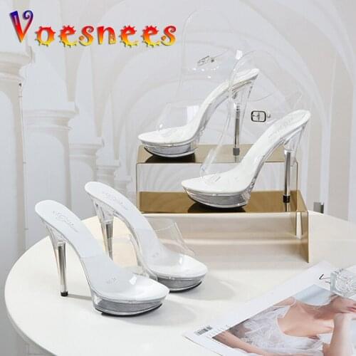 Voesnees Stripper Shoes 2021 New Summer Woman Sandals Elegant High Heels 13 CM Clear Fine Mules Platform Outside Ladies Shoes