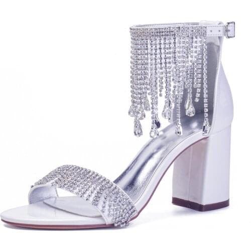 Ladys Summer Strappy Sandals Chunky Block Heels Crystal Tassel Fringe Ankle Strap Bridal Wedding Party Prom Night Club Shoes