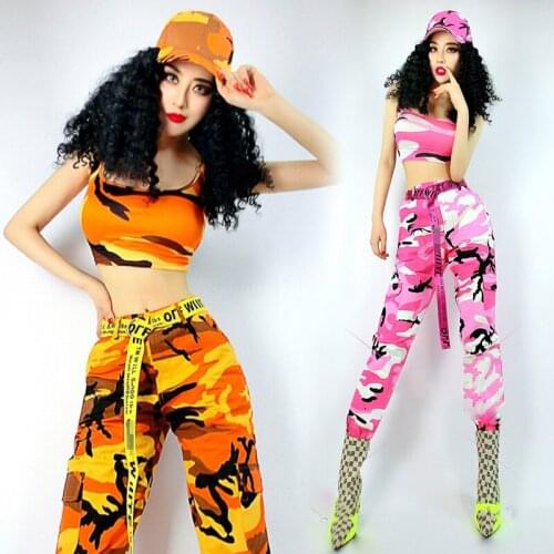 Bar Nightclub Show Female Dj Tide Hip Hop Costumes Sexy Pink Orange Camouflage Trousers Jazz Suit Street Dance Clothes DNV13089