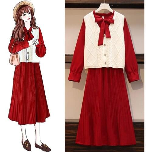 2021 Women Autumn Winter Slim 2 Pcs Set Lady Single Breasted Knit Top + Mid-long Pleated Dress Set Female Casual Solid Suit E150