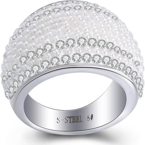 Womens Stainless Steel Zircon Ring Pearl Wedding Rings Birthday Gift Jewelry Accessories