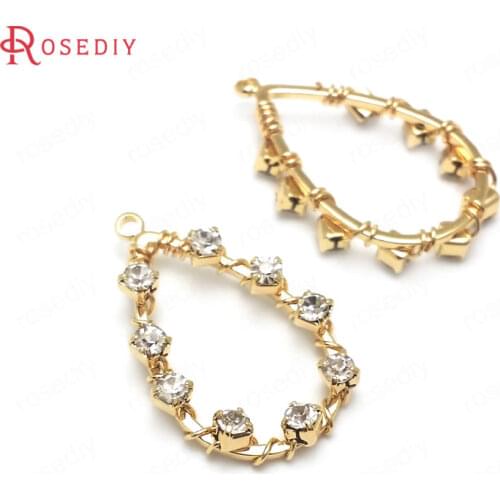36944)6PCS 25x16MM 24K Gold Color Brass and Glass with Rhinestone Drop Shape Charms Pendants Diy Jewelry Findings Accessories