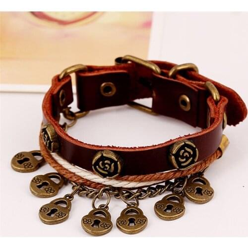 Boho Gypsy Hippie Vintage Punk Brown Leather Copper Rose Rivets Promised Love Lock Bead Charm Wrap Layers Bracelet for Women