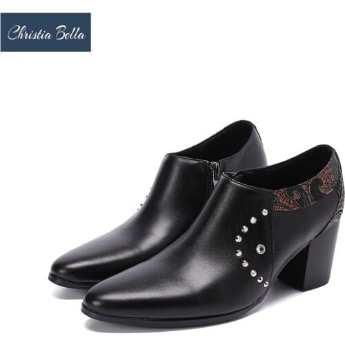 Christia Bella Fashion High Heel Men Dress Shoes Rivets Real Leather Party Man Shoes Club Jazz Dancer Thick Heel Short Boots