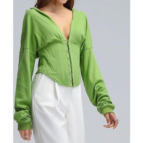 Women Drop Shoulder Corset Detail Hoodies Plunging Neckline Hooded Sweatshirt With Corset Detail Fashion Women ONX7