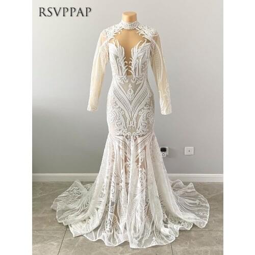 Elegant Mermaid Wedding Dresses 2020 Long Sleeve High Neck Sexy African Sequin Lace White Beach Wedding Gowns