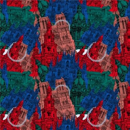 Spandex swimsuit fabric dress elegant city painted pattern custom printing thin shirt sewing fabric DZ001 womens clothing