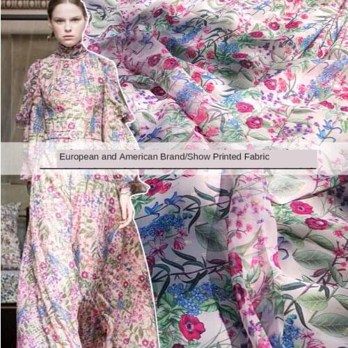 Summer New Fabric Vintage Flower Gold Lines Chiffon Fabric Clothing Home Textile Sewing Material