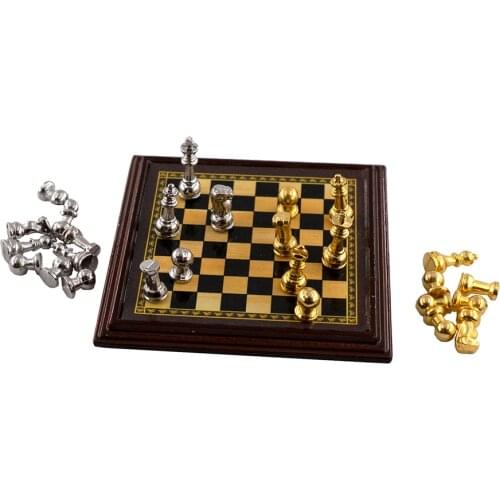 1/12 Dollhouse Miniature Accessories Mini Alloy Chess Set Board Simulation Furniture Model Toys for Doll House Decoration