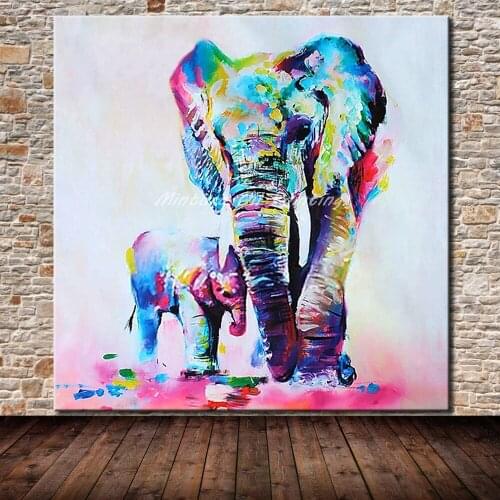 Mintura Frameless Pictures Hand Painted Mother And Baby Elephan Animal Oil Painting On Canvas Home Decoration For Living Room